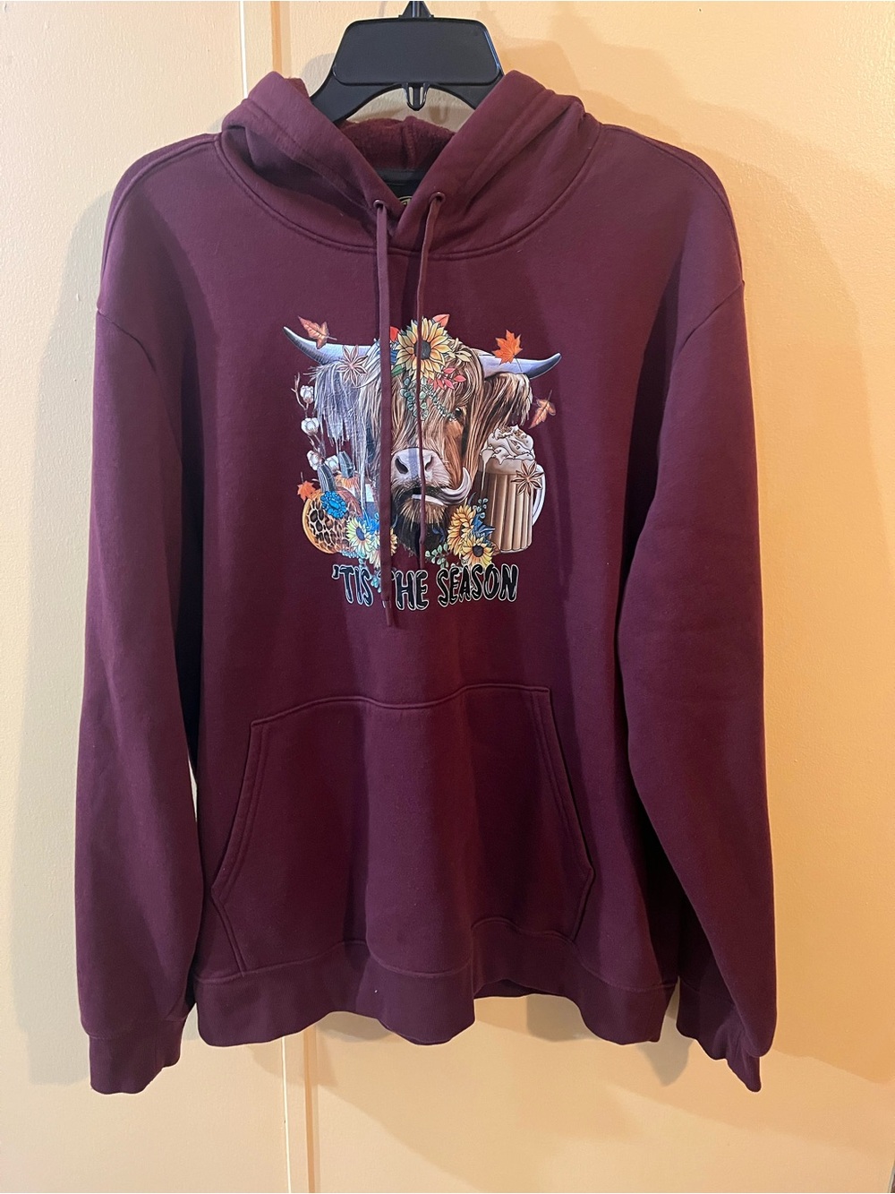 Athletic Works Burgundy Pullover Hoodie with Seasonal Cow Graphic